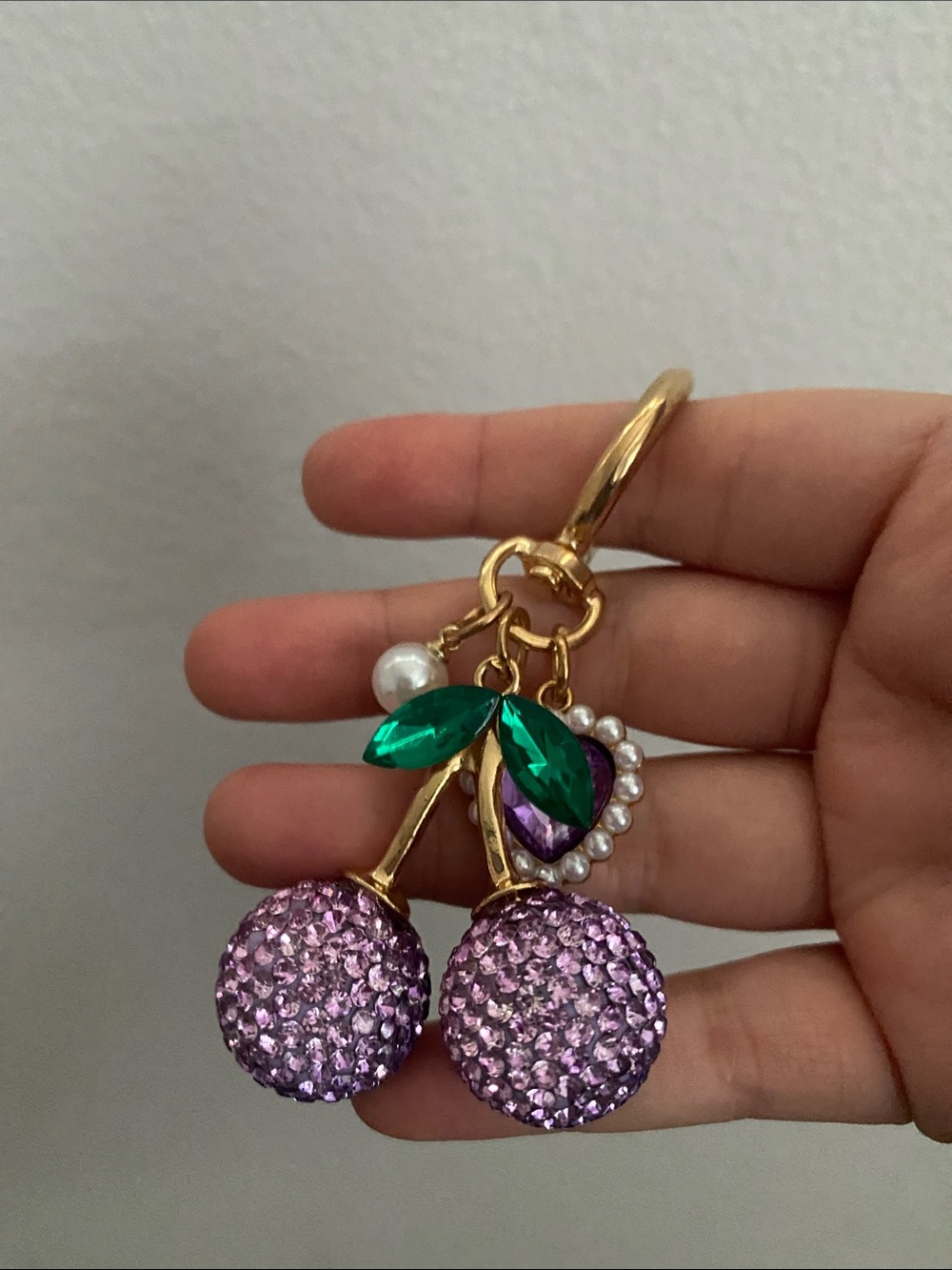 Gold-Tone Purple Crystal Cherry Keychain Charm - Picture 1 of 3